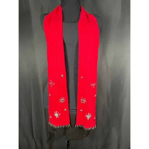 Holiday Long Tee and Beaded Scarf Red Falling Silver Snowflakes Karen Scott - Picture 3 of 8